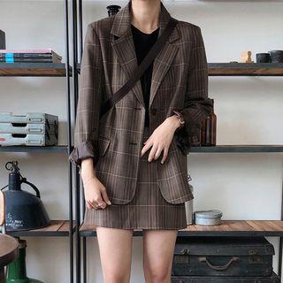 Single-breasted Plaid Blazer / Plaid Mini Skirt