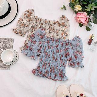 Short-sleeve Floral Frill Trim Chiffon Top