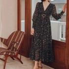 Long-sleeve Floral Printed Chiffon Maxi Dress Black - One Size
