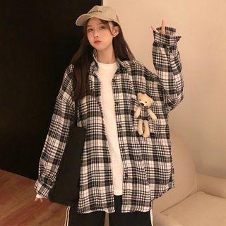 Bear Accent Long Sleeve Plaid Shirt