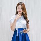 Short-sleeve Mini Skirt Hanbok Set (floral / Navy Blue)