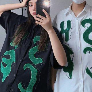 Short Sleeve Letter Embroidered Loose-fit Shirt