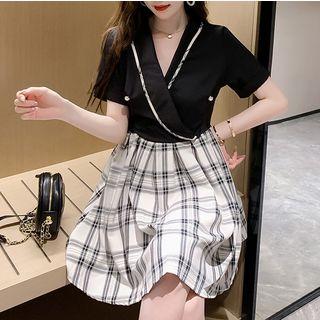 Plaid Panel Short-sleeve Faux Pearl Button A-line Dress
