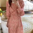 Puff-sleeve Floral Print Midi Dress Pink - One Size