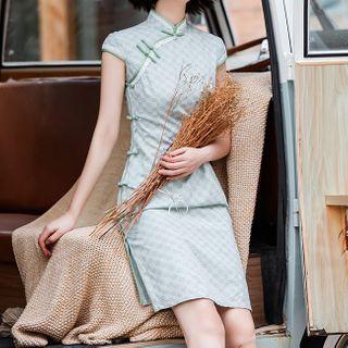 Crochet Trim Cap-sleeve Plaid Mini Qipao