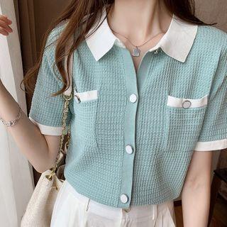 Polo Collar Panel Double-pocket Knit Top