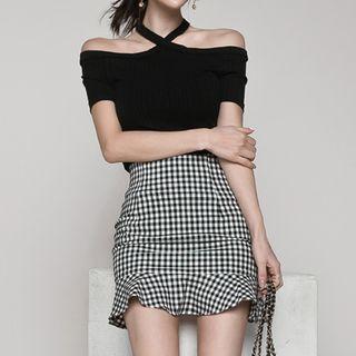 Set: Off-shoulder Short-sleeve Top + Plaid Ruffle Hem A-line Skirt