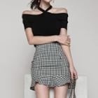 Set: Off-shoulder Short-sleeve Top + Plaid Ruffle Hem A-line Skirt