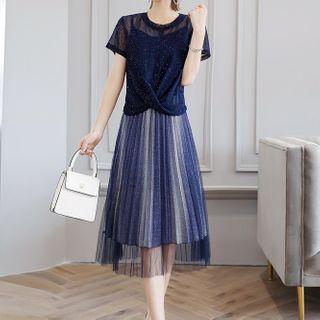 Set: Short-sleeve Glitter Mesh Top + Spaghetti Strap Midi A-line Pleated Dress