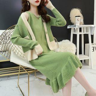 Set: Color Block Cardigan + Ruffle Hem Sleeveless Knit Dress