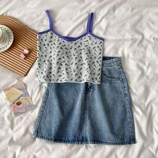 Floral Camisole Top / Washed Denim Mini Skirt
