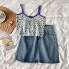 Floral Camisole Top / Washed Denim Mini Skirt