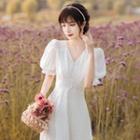 Puff-sleeve V-neck Faux Pearl Midi A-line Dress