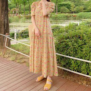 Puff-sleeve Flower Print Midi Collared Dress
