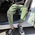 Distressed Straight-leg Cropped Pants