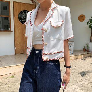 Short-sleeve Piped Tweed Jacket White - One Size