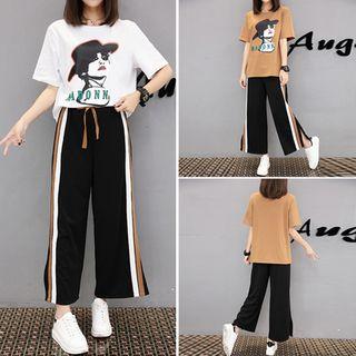 Set: Short-sleeve Printed T-shirt + Contrast Trim Wide Leg Pants