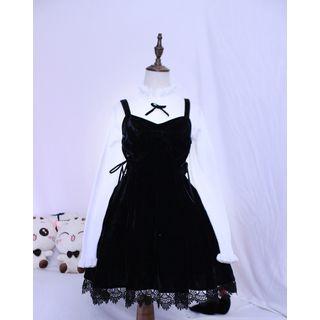 Bow Blouse / Strappy Lace Trim Pleated Dress