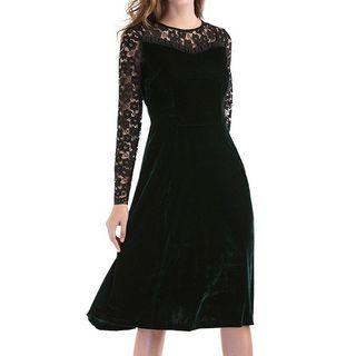 Long Sleeve Lace Panel Velvet Midi Dress