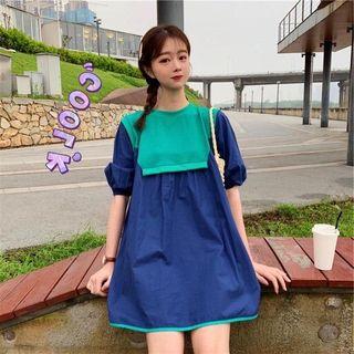 Color Block Elbow-sleeve Mini Dress Green - One Size