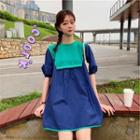 Color Block Elbow-sleeve Mini Dress Green - One Size