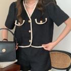 Set: Short-sleeve Contrast Trim Button-up Top+ Shorts