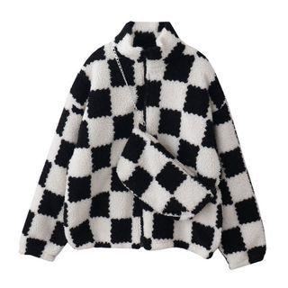 Set: Checkerboard Fleece Zip Jacket + Chain Mini Crossbody Bag Checkerboard - Black & White - One Size