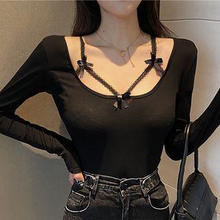 Bow Long-sleeve T-shirt Black - One Size