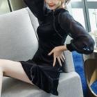 Long-sleeve Mesh Panel Frog-button Mini Velvet Dress