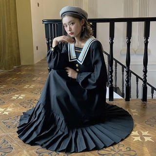 Long-sleeve Sailor Collar Midi Pleated Dress Black - One Size