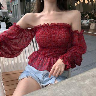 Floral Off-shoulder Slim-fit Long-sleeve Chiffon Blouse