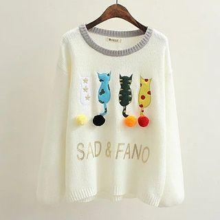 Cat Embroidered Pompom Sweater