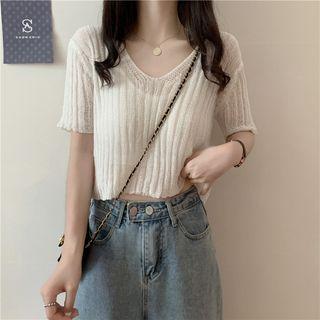 V-neck Plain Ribbed Knit Crop Top