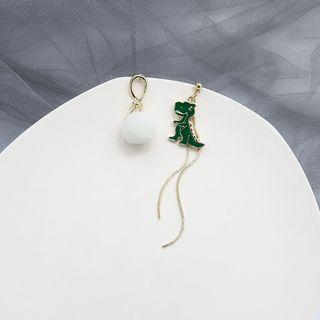 Non-matching Alloy Dinosaur Bobble Dangle Earring 1 Pair - 925 Silver Stud Earring - White & Green - One Size