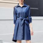 Mesh Panel 3/4-sleeve Denim Shirt Dress