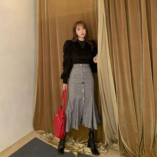 Slit-front Houndstooth Long Mermaid Skirt