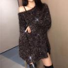 Long-sleeve Glitter Mini Knit Dress Black - One Size