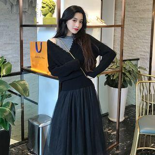 Long-sleeve Loose-fit Knit Top / Mesh Sleeveless Dress