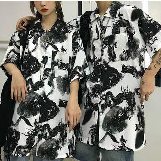 Couple Matching Printed Elbow-sleeve Oversize Shirt