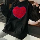 Lettering Heart Embroidered Drawstring Hoodie
