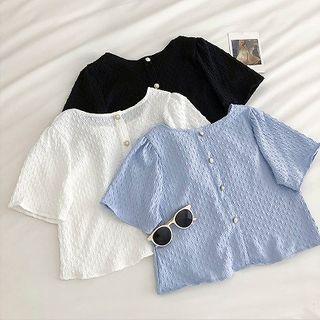 Plain Crewneck Single-breasted Short-sleeve Blouse