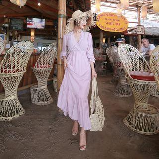 Wrap-front Ruffle-hem Long Dress