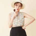 Stand Collar Floral Print Sleeveless Top Almond - One Size
