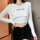 Set: Long-sleeve Lettering Cropped T-shirt + Camisole Top White - One Size