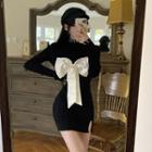 Long-sleeve Two-tone Bow Accent Knit Mini Sheath Dress Black - One Size