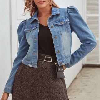 Balloon-sleeve Plain Cropped Denim Jacket