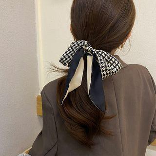 Houndstooth Satin Bow Hair Tie 1 Pc - Dark Blue - One Size