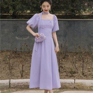 Puff-sleeve Flower Detail Midi A-line Dress