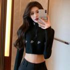 Letter Embroidered Long-sleeve Crop Top Black - One Size