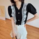 V-neck Two Tone Lace Button-up Knit Top